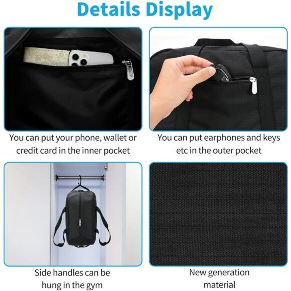 Small Gym Bag Carry On Mini Duffel Lightweight Travel Workout Bag Black - Picture 5 of 7